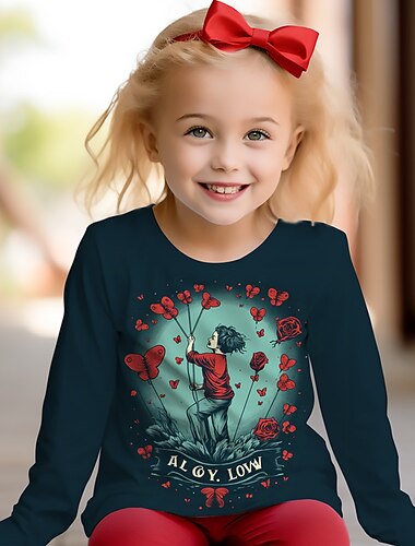  Valentinstag Mädchen 3D Herz T-Shirt Hemden Langarm 3D-Druck Frühling Herbst Aktiv Modisch Kuschelig Polyester kinderkleidung 3-12 Jahre 4-12 Jahre Rundhalsausschnitt Outdoor Casual Täglich Regular