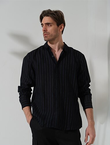  100% linnen Voor heren Overhemd linnen overhemd Overhemd met knopen Zwart Marineblauw Lange mouw Gestreept Revers Lente & Herfst Buiten Dagelijks Kleding