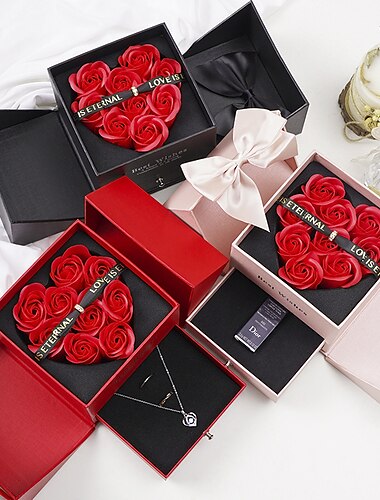  cadeaux pour la fête des femmes boîte à bijoux de fleur éternelle de la Saint-Valentin boîte-cadeau rose double couche collier de rouge à lèvres bague boucle d'oreille boîte à bijoux boîte-cadeau de