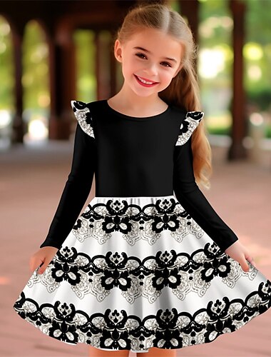  Carnevale ragazze' 3D Floreale Abito con balze Rosa Manica lunga Stampa 3D Primavera Autunno Da mare Sportivo Giornaliero stile sveglio Informale Bellissimo Bambino 3-12 anni Abito casual Abito linea