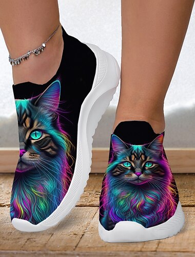  Damen Turnschuhe Slip-Ons Schuhe bedrucken Flyknit Schuhe Komfort Schuhe Outdoor Täglich Katze Flacher Absatz Modisch Brautkleider schlicht Fliegendes Weben Gelb Rosa Blau