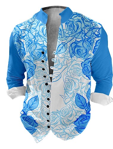  Herren Blumen Hemd Knopfhemd Langarm Brautkleider schlicht Freizeitskleidung Ausgehen Wochenende Frühling Sommer Stehkragen Bedruckt Button-Down Gelb Rosa Blau Purpur