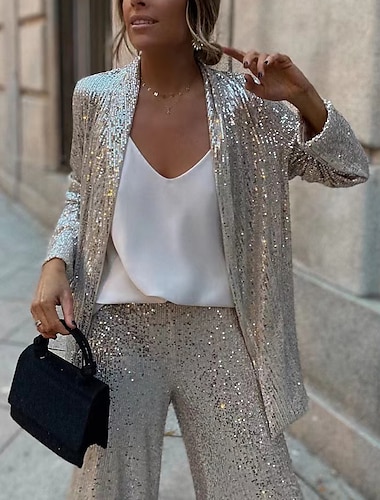  Women's Blazer Formal Sequin Plain Comfortable Fashion Loose Fit Outerwear Long Sleeve Spring Silver S