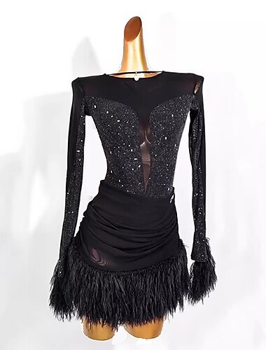  dans salsa latin dansjurk kwastje pure kleur splitsen dames prestatietraining mesh stretchgaren met lange mouwen