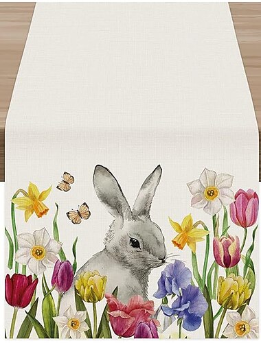  Tischläufer, Tischläufer „Frohe Ostern“, Tischdecke mit niedlichem Hasen-Ei-Muster, stimmungsvoller Oster-Tischläufer, Stoff-Tischläufer für Feiertags-Desktop-Dekoration, Osterdekoration