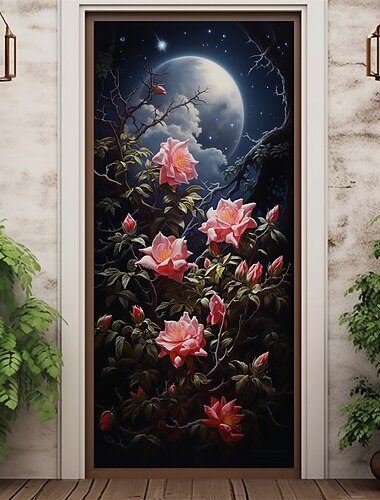  Türabdeckungen mit Blume unter dem Mond, Wanddekoration, Türteppich, Türvorhang, Dekoration, Hintergrund, Türbanner, abnehmbar, für Haustür, Innen- und Außenbereich, Heimdekoration,