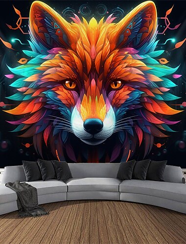  arazzo a luce nera reattivo ai raggi UV fosforescente festa fluorescente neon volpe animale natura psichedelico trippy nebbioso arazzo appeso arte murale per soggiorno camera da letto