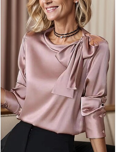  Damen Hemd Spitzenhemd Bluse Glatt Täglich Geschäftlich Reifen Langarm Rundhalsausschnitt Normale Oberteile Valentinstag Arbeit mit Schnürung Rosa Khaki Grau Frühling & Herbst