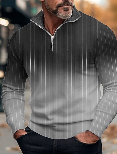  Per uomo A righe Gradiente di Colore Polo con zip Polo da Golf Manica Lunga Magliette polo Con cerniera Casual All'aperto Casual Quotidiano Abbigliamento casual alla moda 3D Stampato Autunno & Inverno