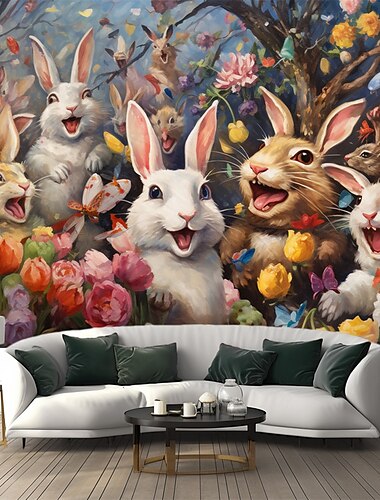  Kaninchen amüsieren Wandteppich zum Aufhängen, große Wandteppiche, Wanddekoration, Fotohintergrund, Decke, Vorhang, Zuhause, Schlafzimmer, Wohnzimmer, Dekoration