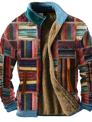  Herr Grafisk Lappverk Tröjor Dragkedja med dragkedja Fleece-jacka Ytterkläder Långärmad Tröja Hög krage Dagligen Ledigt Vintage retro Semester Helgdag Utekväll Fleece Vinter