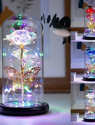  romantische led-rozenvlinderlamp in glazen koepel - perfect woondecoratie en cadeau voor bruiloften, verjaardagen, Valentijnsdag en moederdag (batterij niet inbegrepen)
