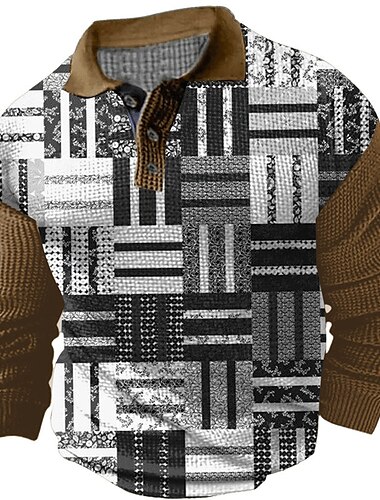  Herren Karomuster Waffel-Poloshirts Golfshirt Langarm Polo-Shirts Hemden mit Kragen Vintage Lässig Urlaubskleidung Formelle Kleidung Festivalkleidung Knöpfe 3D-Druck Frühling Schwarz Marineblau Braun
