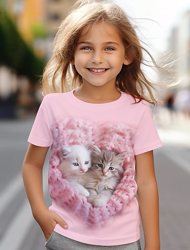  Flickor 3D Katt T-shirt Skjorta Rosa Kortärmad 3D-tryck Sommar Aktiv Mode söt stil Polyester Barn 3-12 år Rund hals Utomhus Ledigt Dagligen Normal