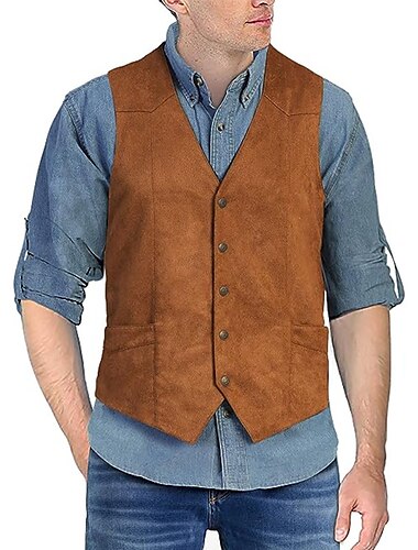  Herren Wildlederweste Freizeitskleidung Urlaub Ausgehen Vintage-Stil Schick & Modern Frühling & Herbst Taste Polyester Komfortabel Glatt Einreihiger Verschluss V Ausschnitt Regular Fit Schwarz Braun