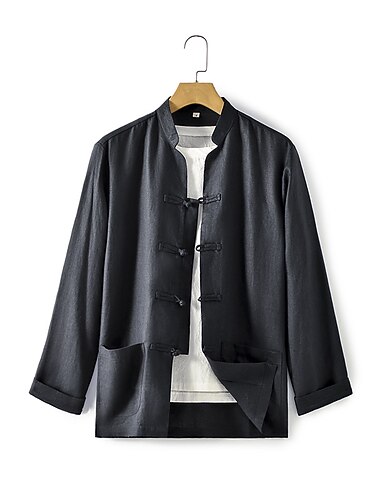  100% Linne Ficka Herr Skjorta linneskjorta Svart Vit Mörkblå Långärmad Slät Kinakrage Vår & Höst Utomhus Dagligen Kläder