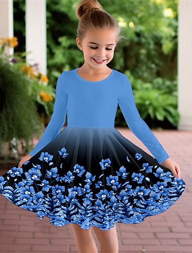  Mädchen' 3D Blumen Kleid Langarm 3D-Druck Frühling Herbst Urlaub Sport & Natur Täglich Kuschelig Brautkleider schlicht Schön kinderkleidung 3-12 Jahre Casual kleid A Linie Kleid Übers Knie Regular Fit
