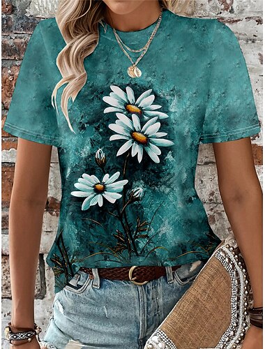  Damen T Shirt Blumen Gänseblümchen Modisch Kurzarm Rundhalsausschnitt Normale Oberteile Täglich Wochenende Bedruckt Blau Purpur Grün Sommer