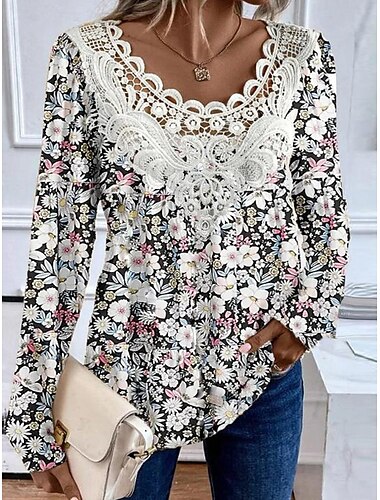  Wohnungs Tunika Shirt Bluse Mode Floral Spitze Druck Langarm Regulär Tops V-Ausschnitt Lässig Urlaub Schwarz Weiß Gelb Pink Rot Frühling  Herbst