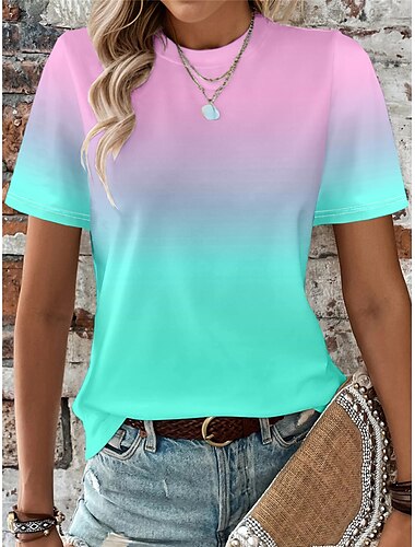  Dames T-shirt Ombre Kleurgradatie Modieus Korte mouw Ronde hals Normale tops Vakantie Dagelijks Uitgaan Afdrukken Geel blauw Oranje Licht Blauw Zomer