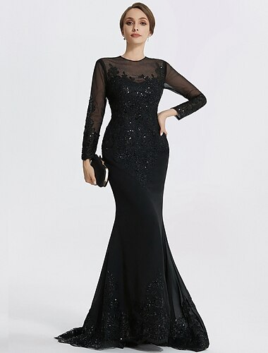  Robe de soirée en sirène en fourreau Robe élégante Formelle Longueur au sol Manches longues Col bijou Dentelle avec appliqués 2025