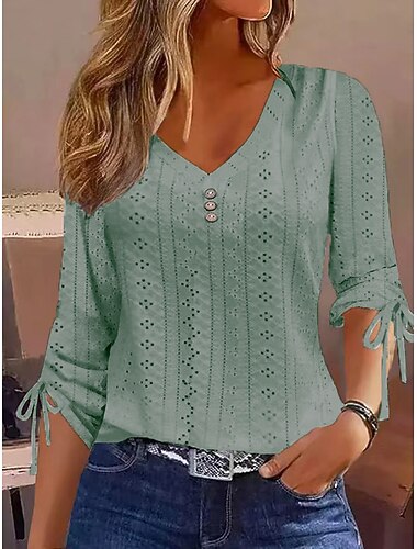  Női Pointelle ing Fűzőlyuk felső Póló Öltözetes felsők Gombok Sima Divat V-alakú Hétköznapi Napi Tengerpart Medence Fekete Fehér Arcpír rózsaszín Lóhere Tavasz & Ősz