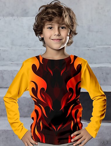  男の子 3D 火 Ｔシャツ シャツ 長袖 3Dプリント 春 秋 スポーツ ファッション ストリートファッション ポリエステル 子供 3〜12年 クルーネック アウトドア カジュアル 日常 レギュラー