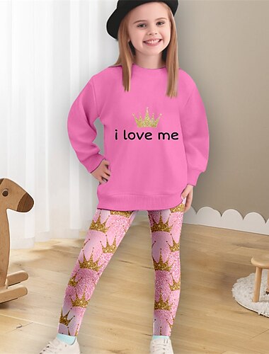  Mädchen 3D Krone Set aus Sweatshirt und Leggings Rosa Langarm 3D-Druck Frühling Herbst Aktiv Modisch Täglich kinderkleidung 3-12 Jahre Rundhalsausschnitt Outdoor Urlaub Verabredung Regular Fit