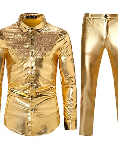  Conjunto con pantalones de pierna recta metálicos brillantes, 2 piezas, trajes de discoteca, lentejuelas para hombre de los años 80, disfraz de cosplay, fiesta de disfraces, actuación en club nocturno