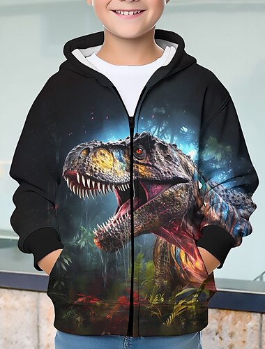  Para Meninos 3D Dinossauro Moletom Casaco Casacos Manga Longa Outono Inverno Ativo Roupa de rua Legal Infantil 3-12 anos Com Zíper Rua Diário Normal
