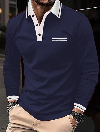  Herren Poloshirt Polos mit Knöpfen Casual Sport Kargen Langarm Modisch Basic Farbblock Taste Tasche Frühling & Herbst Regular Fit Marineblau Wein Dunkelgrau Hellgrau Poloshirt