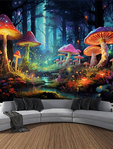  Pilzwald Schwarzlicht-Wandteppich, UV-reaktiv, leuchtet im Dunkeln, trippy, psychedelisch, neblige Naturlandschaft, hängender Wandteppich, Wandkunst-Wandbild für Wohnzimmer, Schlafzimmer
