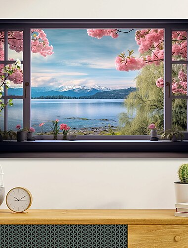  Landschafts-Wandkunst-Leinwand, falsches Fenster, Frühling, Kirschblüten, Drucke und Poster, Bilder, dekorative Stoffmalerei für Wohnzimmer, Bilder ohne Rahmen