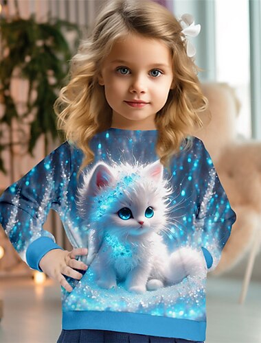  Девочки 3D Кот Толстовка Pullover Длинный рукав 3D печать Весна Осень Мода Уличный стиль Очаровательны Дети 3-12 лет Вырез под горло на открытом воздухе Повседневные Стандартный