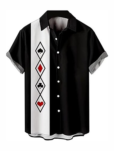 Voor heren Geometrisch patroon Poker Overhemd Bowlingshirt Overhemd met knopen Korte mouw Casual Alledaagse kleding Weekend Herfst Strijkijzer Afdrukken Button-omlaag Zwart Rood Oranje