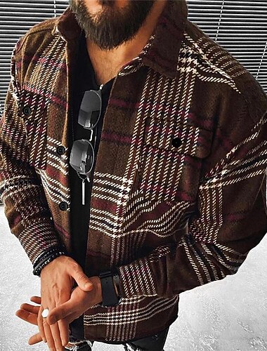  Herre Ternet Geometrisk mønster Skjorte jakke Overtrøje Langærmet Mode I-byen-tøj Weekend Efterår vinter Aftæpning Trykt mønster Lyserød Blå Himmelblå Livlig Lyserød Orange