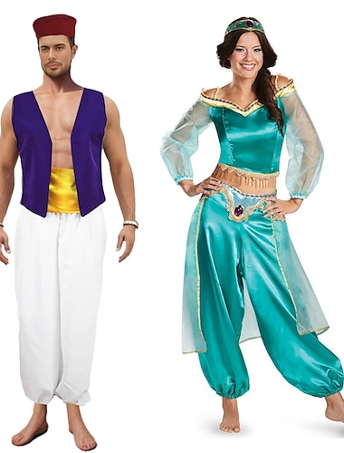  costumes de cosplay prince aladdin et la lampe magique pour couples, tenues de cosplay de film pour hommes et femmes, fête d'halloween, carnaval, mascarade