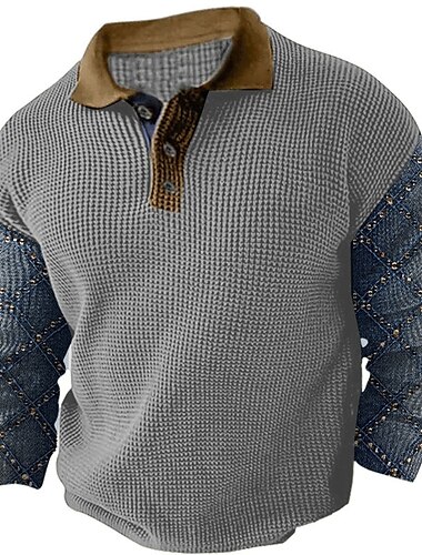  Herren Karomuster Waffel-Poloshirts Golfshirt Langarm Polo-Shirts Hemden mit Kragen Vintage Lässig Urlaubskleidung Formelle Kleidung Festivalkleidung Knöpfe 3D-Druck Herbst Winter Schwarz