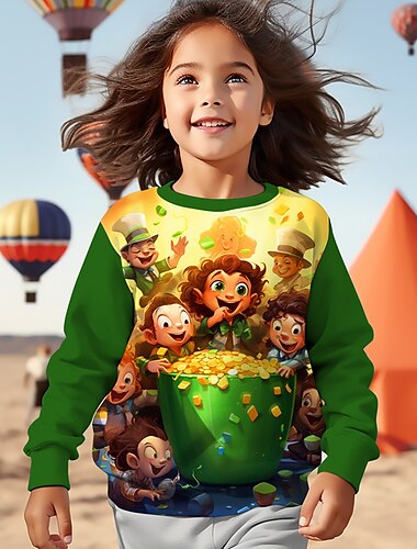  st. Patrick Mädchen 3D-Sweatshirt mit vierblättrigem Kleeblatt, langärmelig, 3D-Druck, Frühling, Herbst, Mode, Streetwear, bezaubernd, Polyester, Kinder 3–12 Jahre, Rundhalsausschnitt, Outdoor,