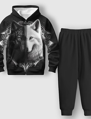  Jungen 3D Wolf Set aus Kapuzenpullover und Jogginghose Langarm 3d Drucken Frühling Herbst Aktiv Modisch Cool kinderkleidung 3-12 Jahre Reissverschluss Mit Kapuze Outdoor Urlaub Strasse Regular Fit