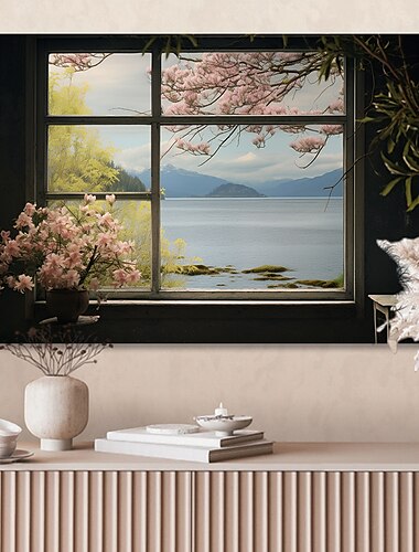  Landschafts-Wandkunst-Leinwand, falsches Fenster, Frühling, Kirschblüten, Drucke und Poster, Bilder, dekorative Stoffmalerei für Wohnzimmer, Bilder ohne Rahmen