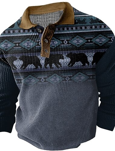  Herren Westernkleidung Waffel-Poloshirts Golfshirt Langarm Polo-Shirts Hemden mit Kragen Vintage Lässig Urlaubskleidung Party-Outfits Knöpfe 3D-Druck Herbst Winter Dunkelmarine Grün Khaki
