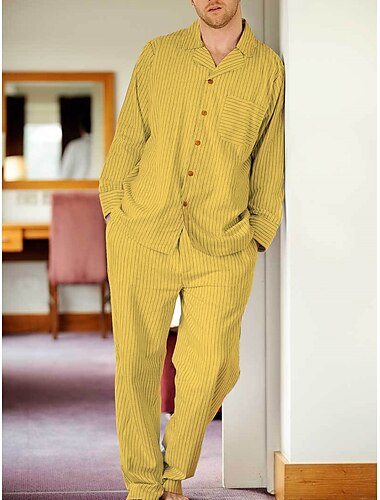  Herren Hausanzug Schlafanzüge Schlafanzug Set Pyjama-Oberteil und Hose 2 Stück Plaid Streifen Stilvoll Brautkleider schlicht Komfort Heim Täglich Baumwolle Komfort Kargen Langarm Hemd Hose Kordelzug