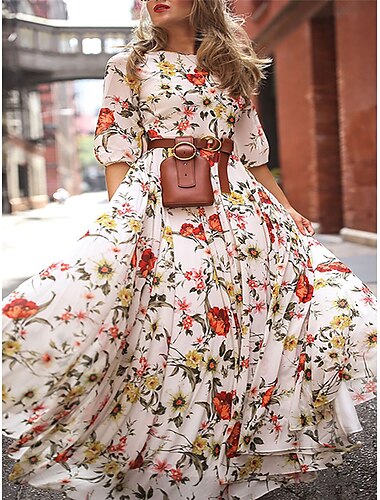  Mujer Gasa Floral Estampado Cuello Barco vestido largo vestido largo Bohemia Vacaciones Verano Primavera