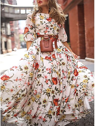  robe longue en mousseline de soie à imprimé floral pour femme, col ras du cou, robe maxi, bohème, vacances, été, printemps