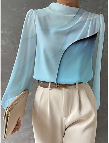  Blouse Femme Mode Imprimé Manches Longues Hauts Classiques Col Rond Travail Rose Bleu Violet Vert Printemps  Automne