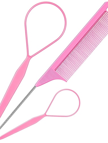  3pack verktygssats för håröglor med 2st fransk flätverktygsögla 1st råttsvanskam metallnålssvansflätningskam för hårstyling, rosa