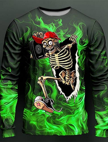  Herren Graphic Flamme Skelett T Shirt Langarm T-Shirt 3D-Druck Rundhalsausschnitt Hemd Modisch Designer Brautkleider schlicht Sports Outdoor Festtage Ausgehen Rote Purpur Orange Frühling & Herbst