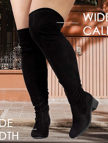  Women's Boots Wide Calf Boots Suede Shoes Plus Size Outdoor Daily Fleece Lined Over The Knee Boots Thigh High Boots Flat Heel Round Toe Elegant Vacation Vintage Suede Lace-up Black