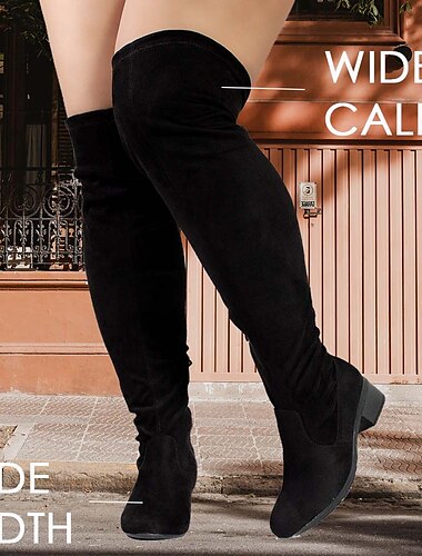  Mujer Botas Botas de pantorrilla ancha Zapatos de gamuza Tallas Grandes Exterior Diario Forrado con Lana Botas por encima de la rodilla Botas altas de muslo Tacón Plano Dedo redondo Elegante